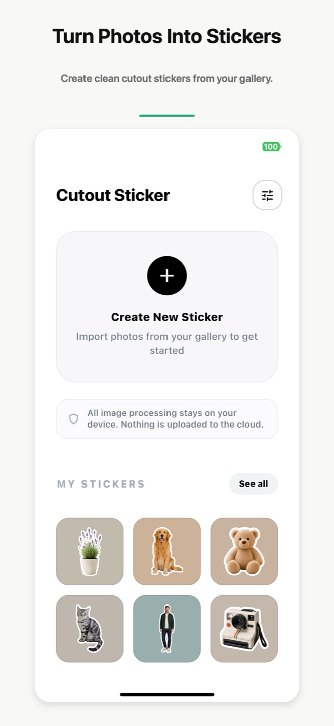 Sticker Maker photo import screen and saved sticker album