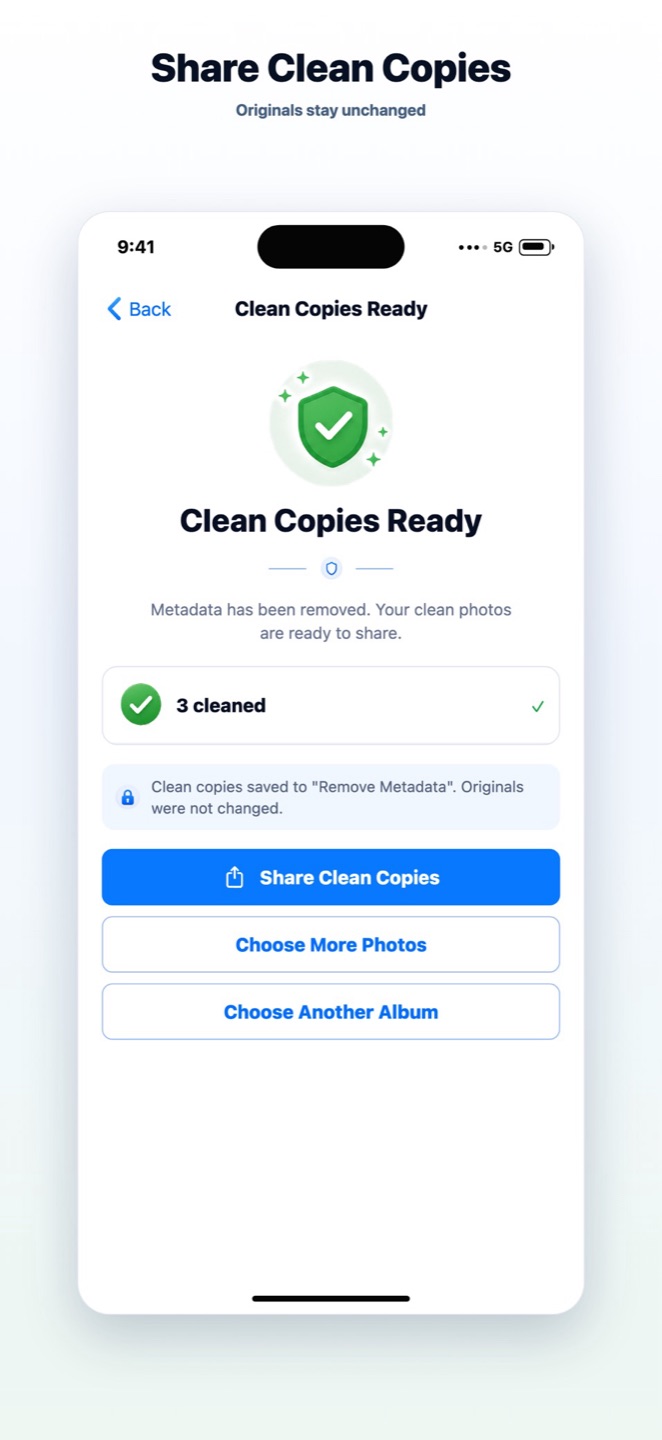 Save clean photo copies with metadata removed